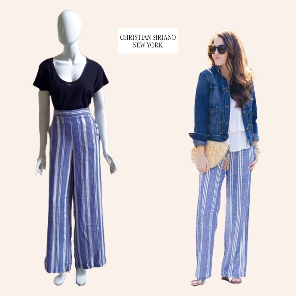 CHRISTIAN SIRIANO NEW Coastal Grandmother Linen Denim-Stripe Wide Leg Pant M